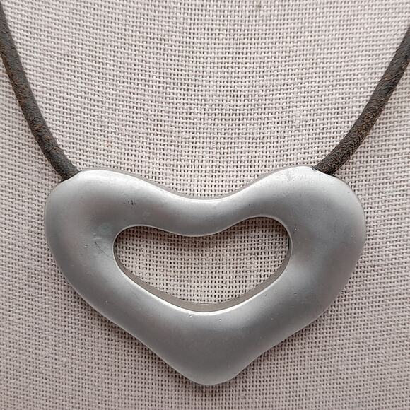 Chico’s Silver Tone Open Heart Pendant Necklace on Leather Cord, 21 Inches - Picture 3 of 8